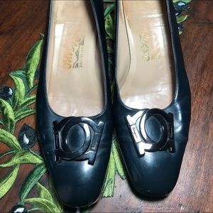 Vintage Salvatore Ferragamo Navy Blue Heels with Metal Buckle